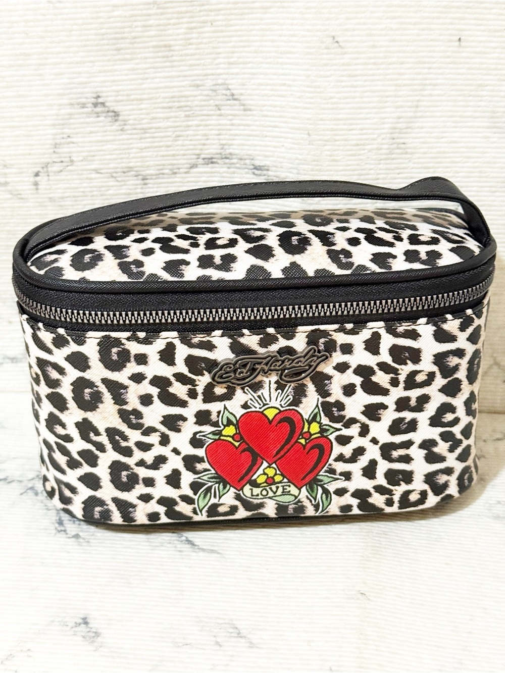 Ed Hardy Leopard Print Top Handle Cosmetic Case with Red Hearts Love